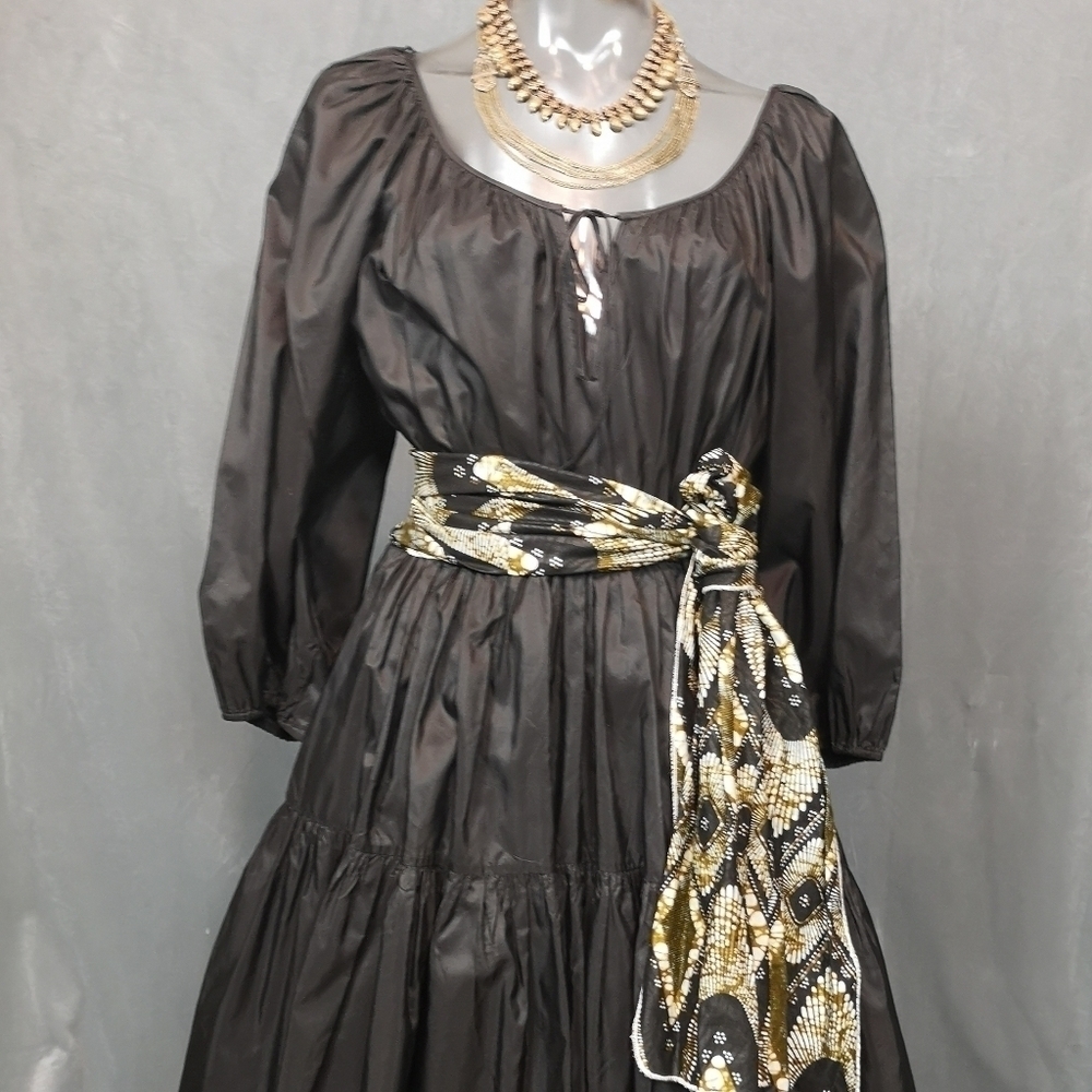 90s Vintage Black Boho Shirred Multi-tiered Gathered Voluminous Peasant Dress